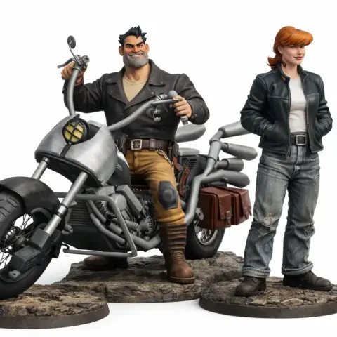 Two figures from 'Full Throttle' with a motorcycle, both in casual clothing, ready for 3D printing.