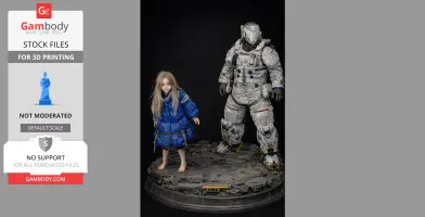 A 3D model of a young girl in a blue coat and an armored figure on a detailed, industrial base.