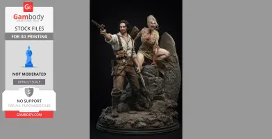 A detailed 3D-printed scene of two figures on rocky terrain, one armed and one crouching with a fierce expression.