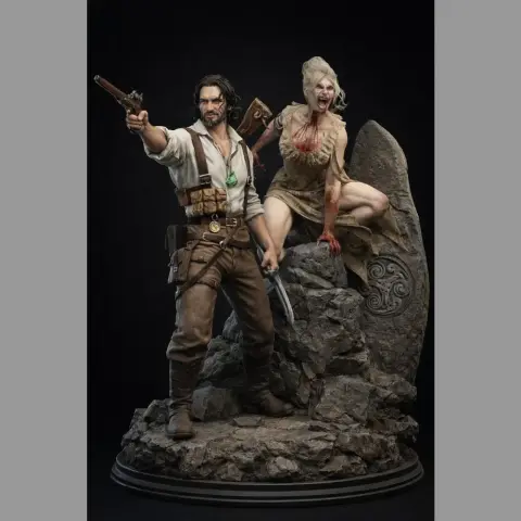 Heroic duo on rocky base, armed and poised for action, with detailed attire and dynamic poses.