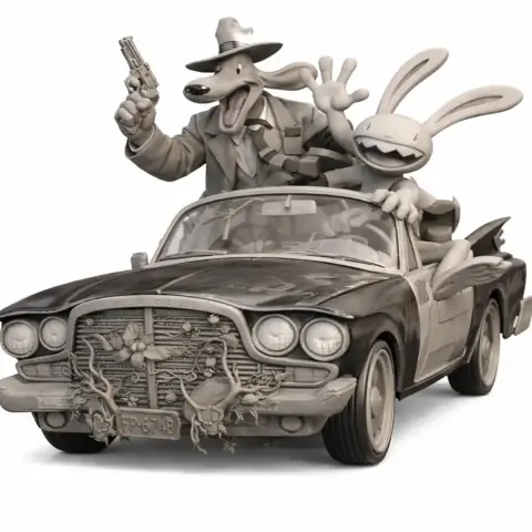 Dog and rabbit characters in a vintage car; dog holds a gun, rabbit waves excitedly.