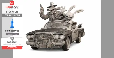 Detective dog and rabbit driving a vintage car, with the dog holding a gun.