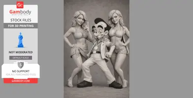 A cartoonish character poses confidently between two women in summer outfits.