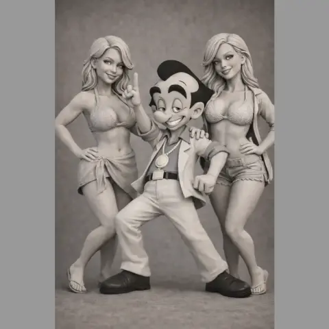 Cartoon character with raised arm, flanked by two smiling women in swimwear, all in playful poses.