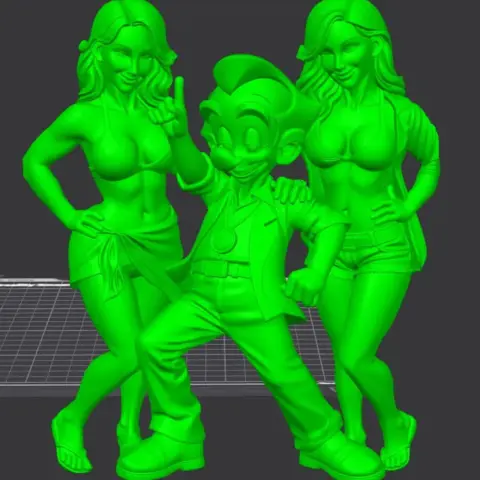 Cartoon character with raised arm, flanked by two smiling women in swimwear, all in playful poses.
