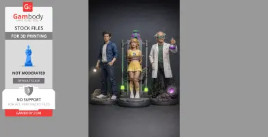 Three 3D-printed figurines: a man with a flashlight, a woman tied in a cheerleader outfit, and a scientist with a potion.
