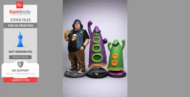 A detailed 3D print model collection with a character holding a sandwich and two colorful tentacled creatures.