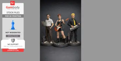 Three detailed figures from Maniac Mansion: a nerdy guy with a clipboard, a punk guitarist, and a keyboard player.