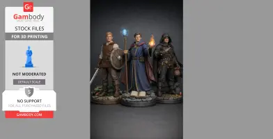 Three detailed 3D-printed fantasy figures: a fighter, a magic user, and a thief with accessories.