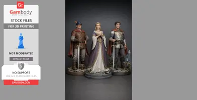Three detailed fantasy figurines: a king, queen, and prince in regal attire with swords, ready for 3D printing.
