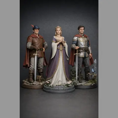 Medieval trio: King, Queen, and Prince in regal attire stand with swords for 3D printing.