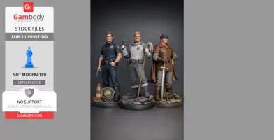Three detailed 3D character models: a police officer, a space hero, and a medieval knight, on display bases.