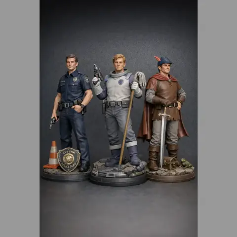 Three detailed 3D models: a police officer, a space explorer, and a medieval king.