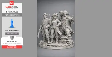 Three pirate figures with detailed clothing stand on a base, surrounded by treasure and skulls.