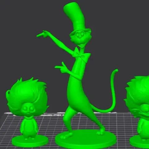A 3D model of Cat in the Hat and Things #1 and #3 with blue hair and red outfits on bases.