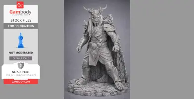 Armored warrior with horned helmet and cloak, standing on rocky base, designed for 3D printing.