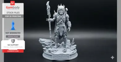 A detailed Predator figurine stands on a rocky base, holding a staff, designed for 3D printing.