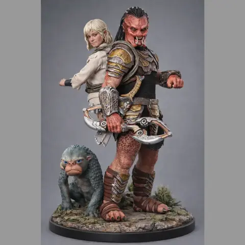 3D model of two warriors and a creature, in detailed armor and clothing, on a textured base.