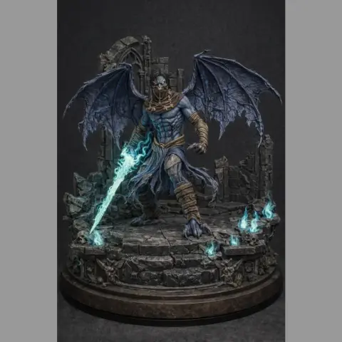 A winged figure with a glowing sword stands on a stone platform surrounded by blue flames.