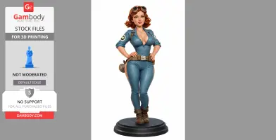 3D model of a woman in a blue jumpsuit with goggles, posed with hands on hips, on a round base.