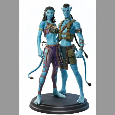 Two blue-skinned, humanoid figures with tails stand together on a round base, dressed in tribal attire.
