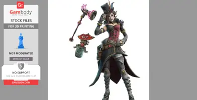 A stylized female character in a top hat and corset with a staff, ready for 3D printing.