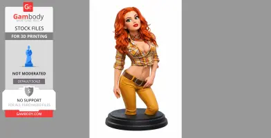 Red-haired female figure in plaid shirt and yellow pants, kneeling on a round base.