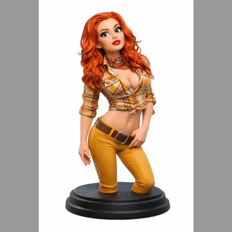 3D model of a red-haired woman in a plaid shirt and yellow pants, posed on a black round base.