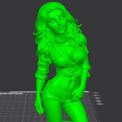 3D model of a red-haired woman in a plaid shirt and yellow pants, posed on a black round base.
