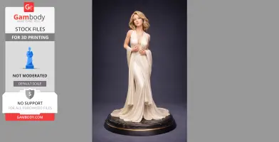 A 3D model of a woman in an elegant gown standing on a decorative pedestal.