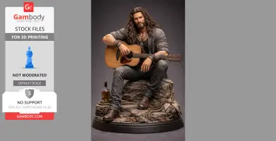 A rugged man with long hair sitting on rocks, holding an acoustic guitar with a bottle beside him.