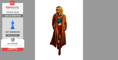 Blonde woman in Supergirl costume and trench coat, walking confidently.
