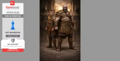 Two armored warriors stand ready, framed by ancient Egyptian statues and a sunset backdrop.