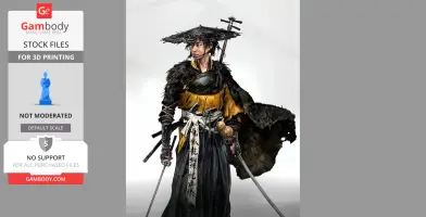 Samurai warrior in traditional attire with a conical hat and swords, ready for 3D printing.