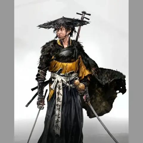 Character in traditional samurai attire with straw hat, dual swords, and a tattered cloak.