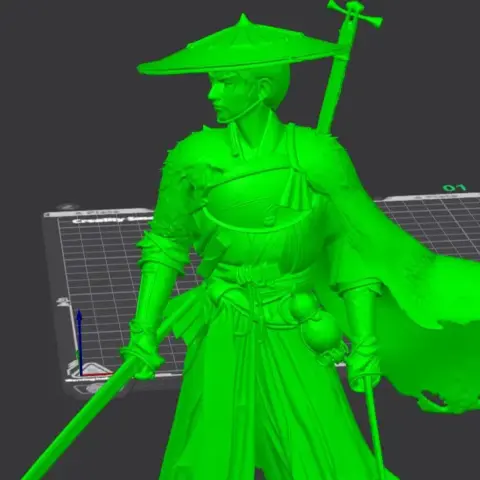 Character in traditional samurai attire with straw hat, dual swords, and a tattered cloak.
