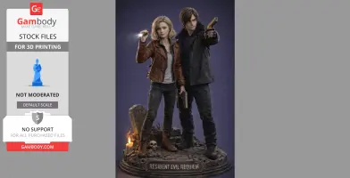 Two figures on rocky terrain, one holding a flashlight, the other a gun. 'Resident Evil Requiem' on base.