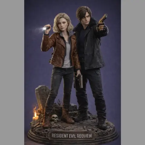 Two figures hold weapons and torches on a detailed base marked 'Resident Evil Requiem.'