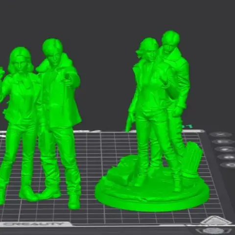 Two figures hold weapons and torches on a detailed base marked 'Resident Evil Requiem.'
