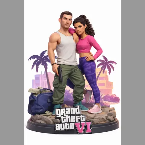 Male and female characters pose confidently with a bag, palm trees, and 'Grand Theft Auto VI' text.
