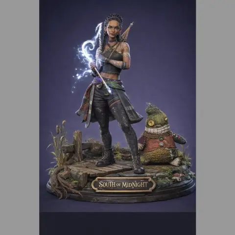 Female warrior with glowing weapon stands beside a creature, on a detailed base labeled 'South of Midnight.'