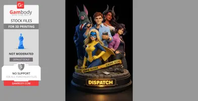 A group of diverse, stylized characters with a superhero and detective theme, posing around a 'Dispatch' base.