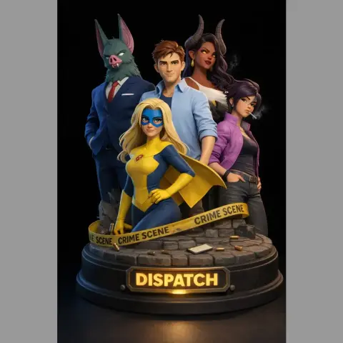 Five stylized characters on a platform labeled 'DISPATCH,' surrounded by crime scene tape.