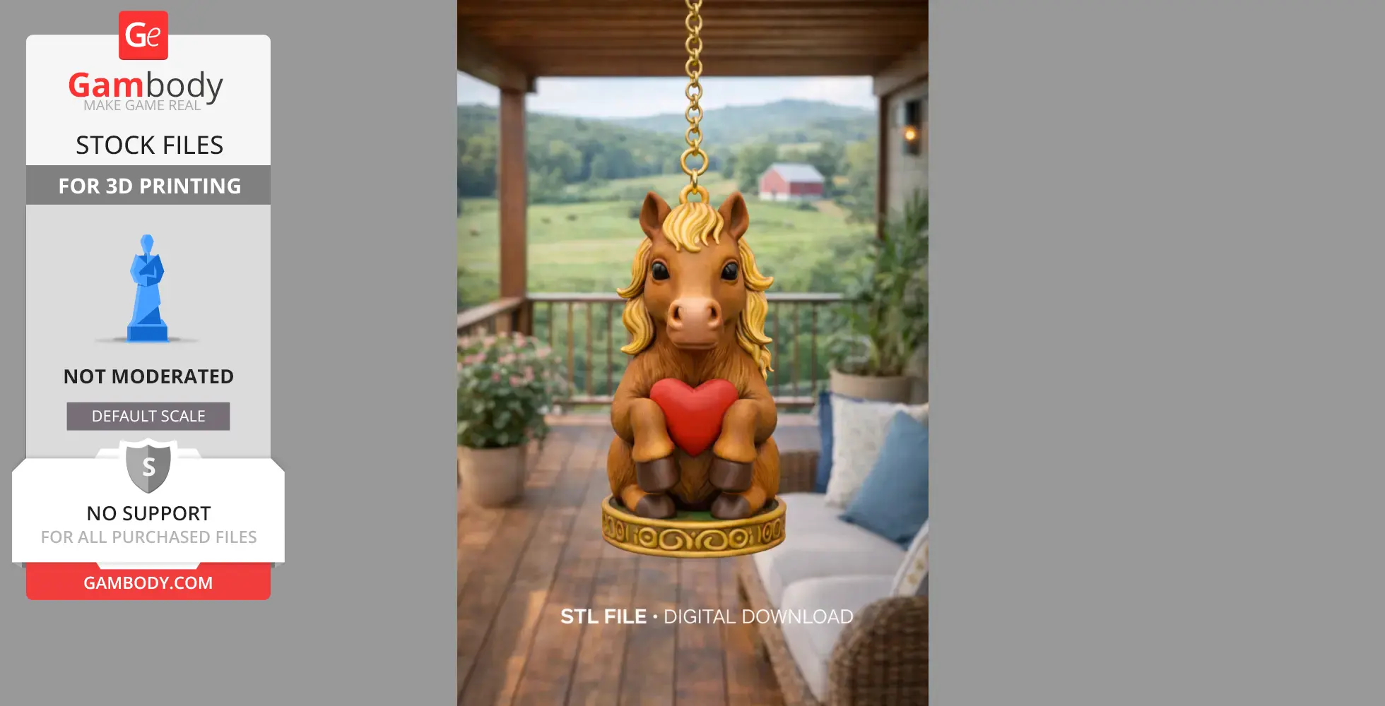 Cute horse ornament with a heart, hanging as a pendant. Perfect for 3D printing.