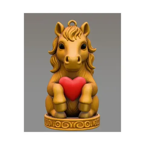 Cute horse ornament holding a red heart, designed for 3D printing as a pendant.