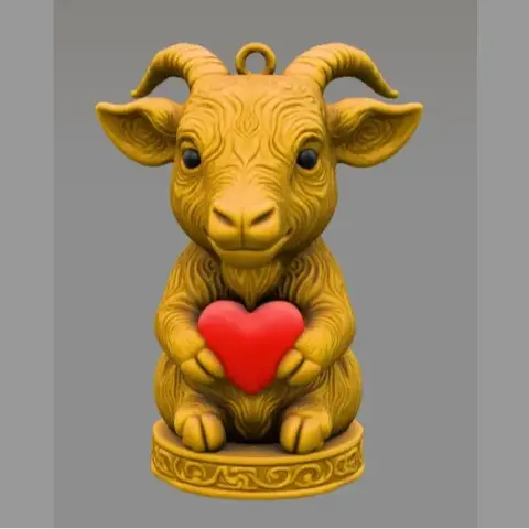 A horned goat figurine holding a red heart, designed as a 3D-printable pendant.