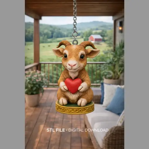 A horned goat figurine holding a red heart, designed as a 3D-printable pendant.