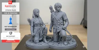 3D models of two fantasy characters in adventure attire, one kneeling and holding a bow, the other standing with a sword.
