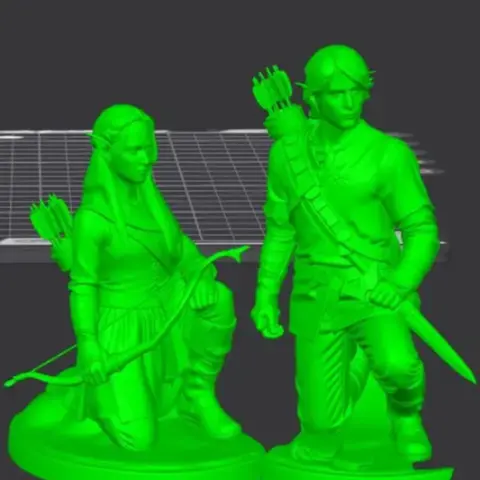 A 3D printed model of two characters with bows and arrows, standing and kneeling on a rocky base.