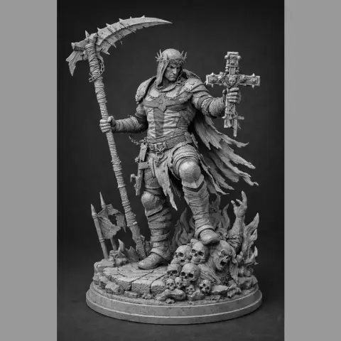 A detailed 3D model of a warrior with a scythe and cross, standing on a base adorned with skulls and flames.